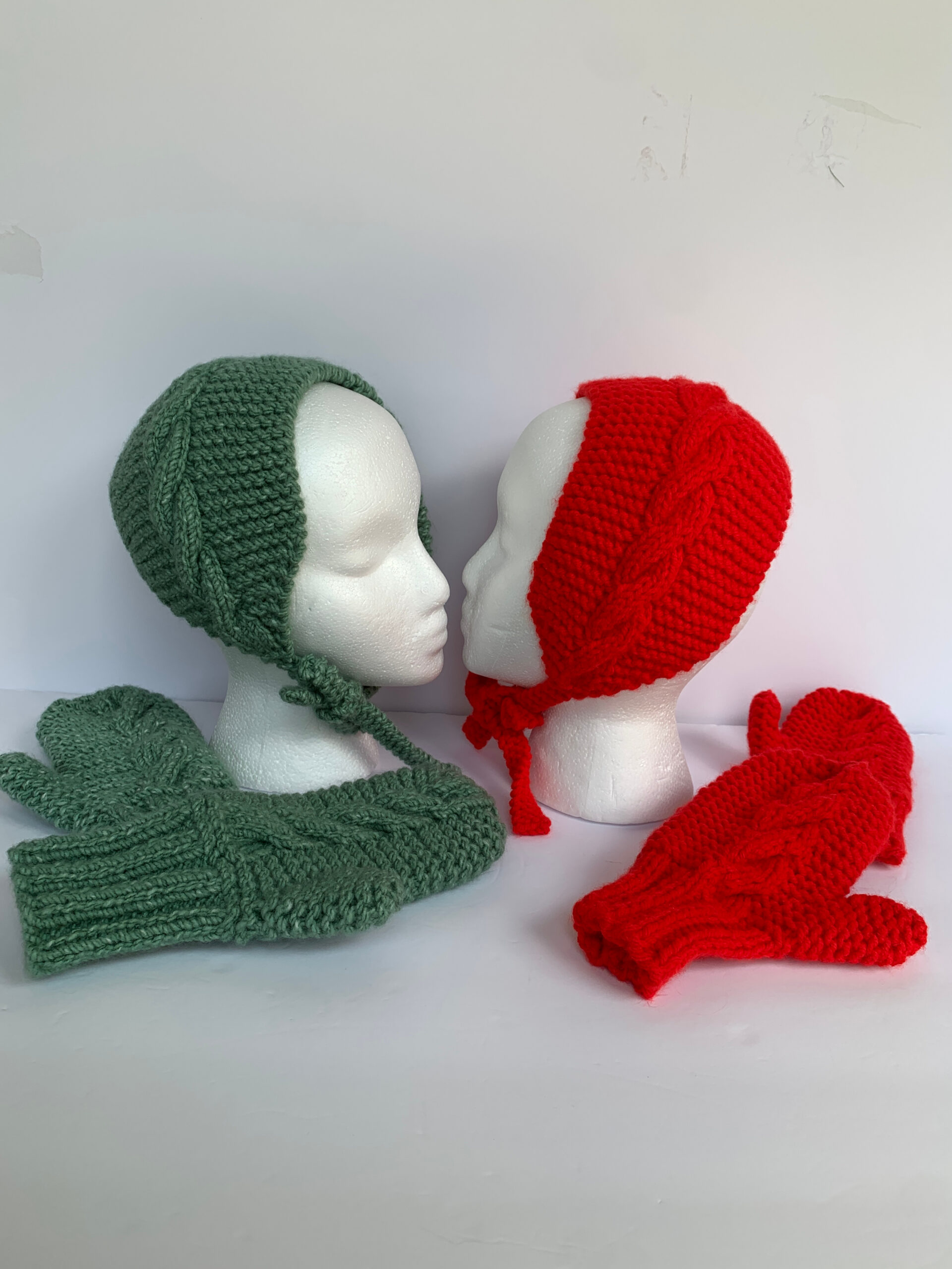 “Retro” Ear Warmer Cabled Cap and Mittens